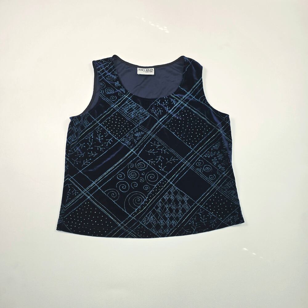 Vintage Nancy Bolen City Girl Velvet Tank Top Geometric Blue Womens Size L